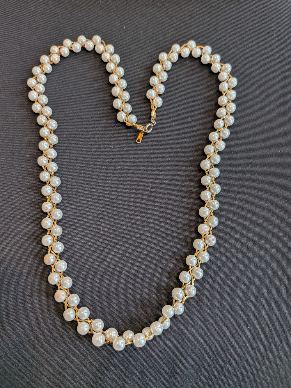 Classic White Faux Pearl Beaded Necklace 12" with Gold Accents Vintage 2007s